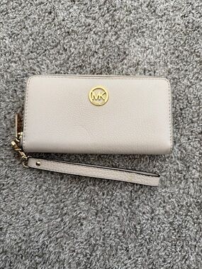Michael Kors Cream Pebbled Leather Zip Wristlet with Gold MK Accent